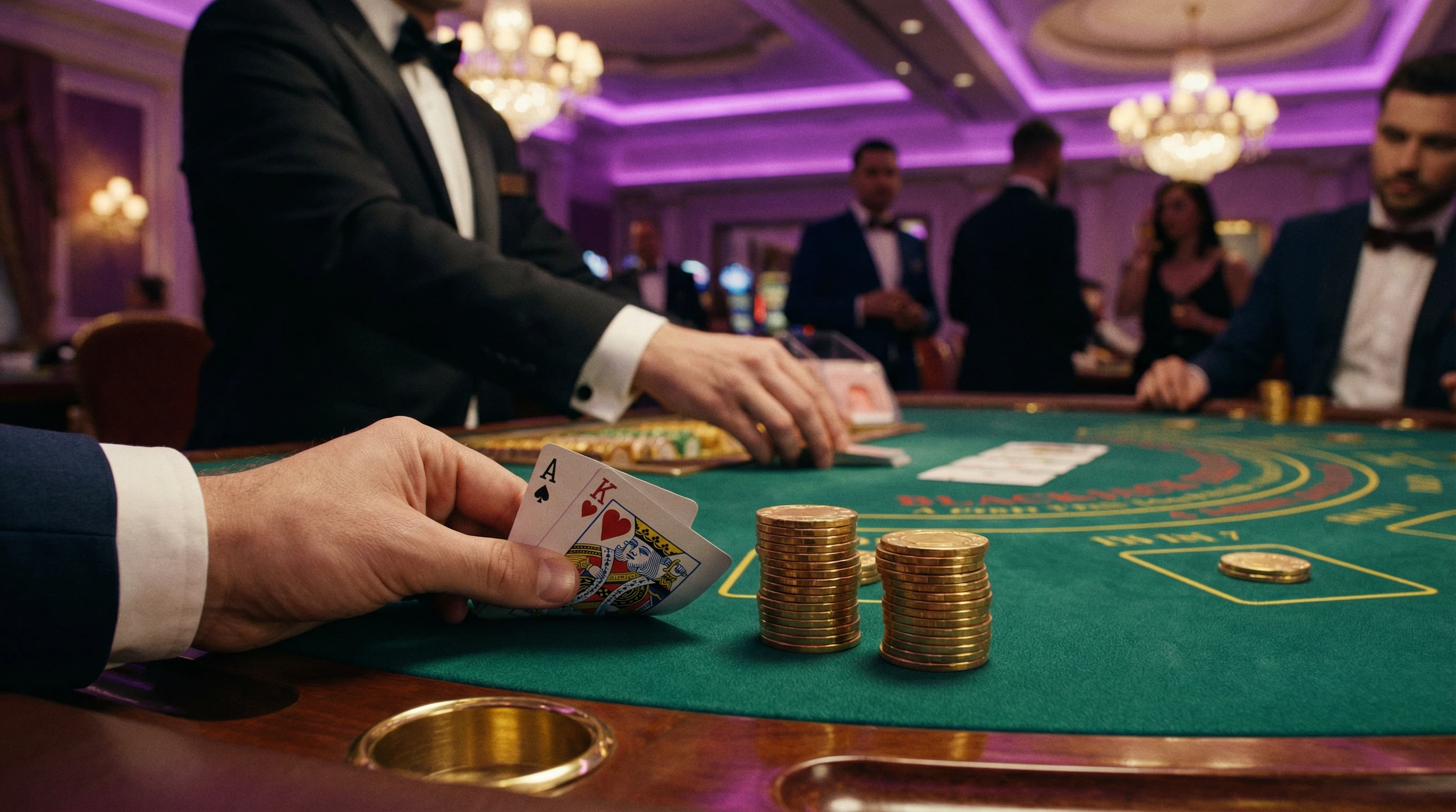 Mesa de blackjack profesional con cartas y fichas