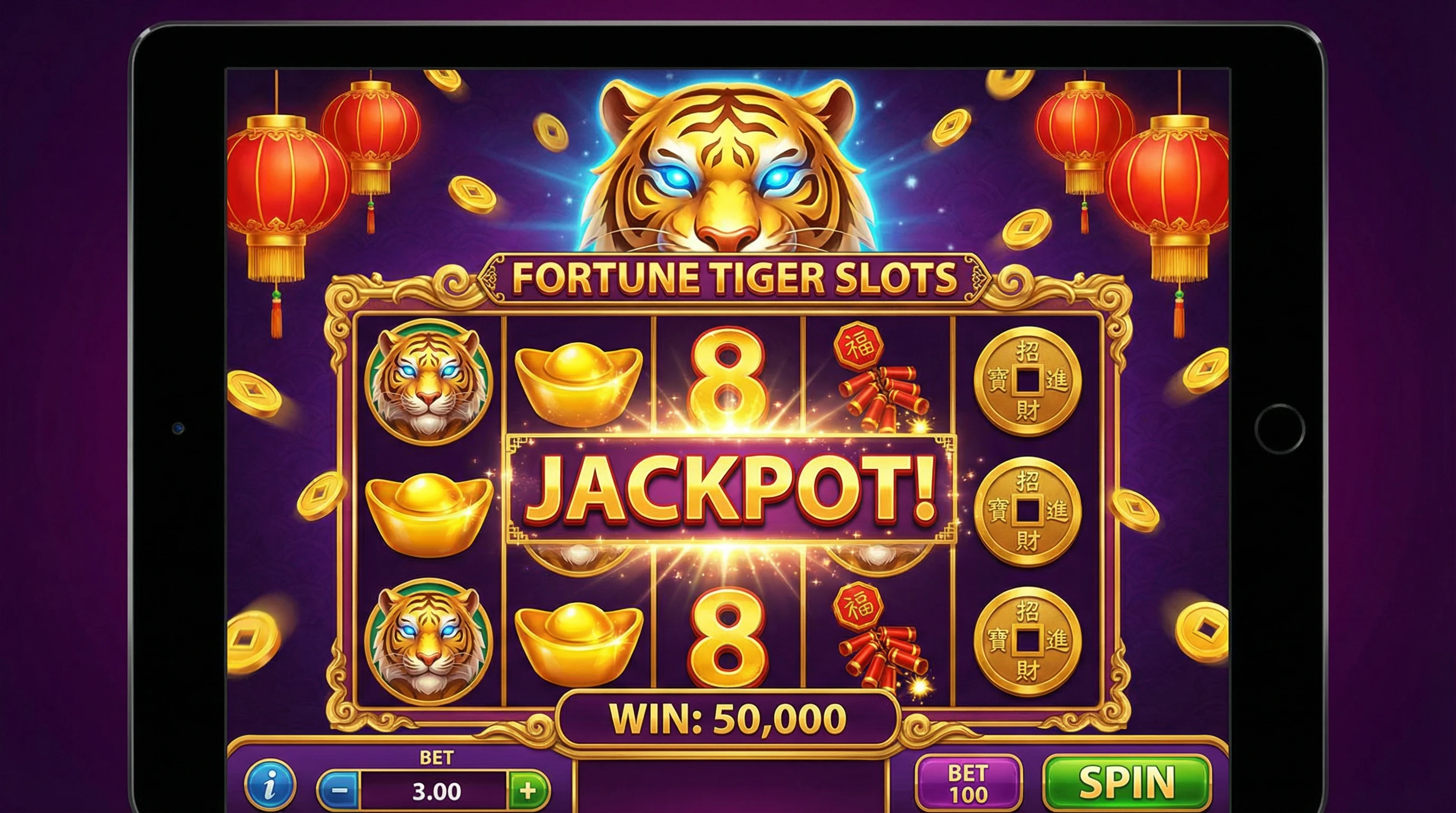 Fortune Tiger tragamonedas con tigre dorado y símbolos de la suerte